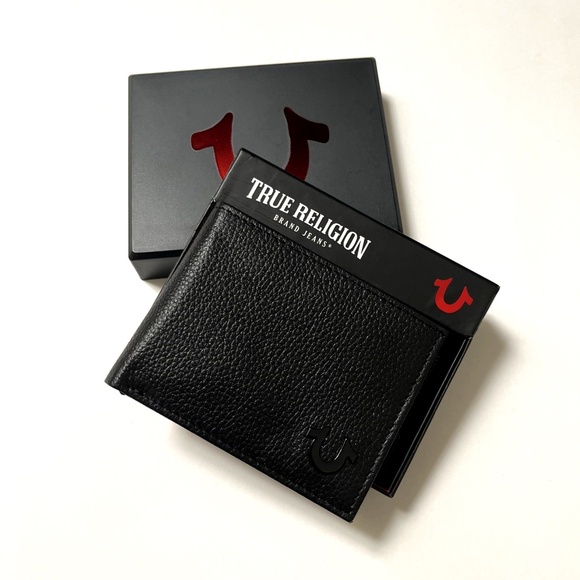 True Religion Black Leather L-Fold Wallet RFID Boxed Logo Metal Plaque NWT - Picture 2 of 7